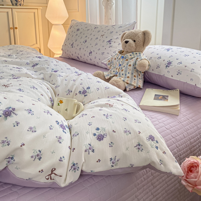 仟网汇 2026新款针织棉双层纱床盖四件套夏被四件套 紫色香氛