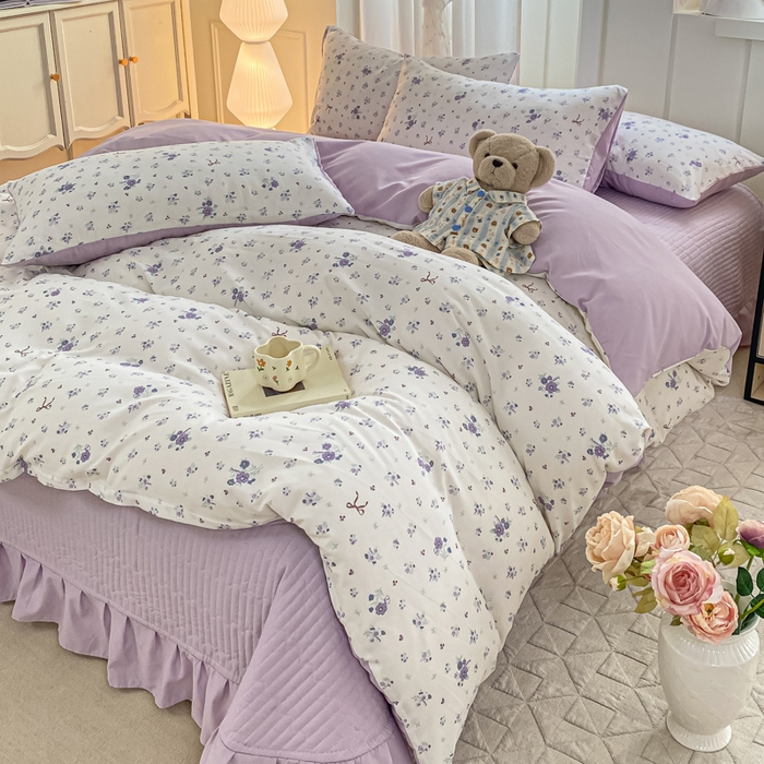 91家纺网 家纺一手货源 找家纺 仟网汇 2026新款针织棉双层纱床盖四件套夏被四件套 紫色香氛