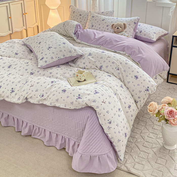 91家纺网 家纺一手货源 找家纺 仟网汇 2026新款针织棉双层纱床盖四件套夏被四件套 紫色香氛