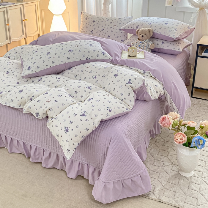 91家纺网 家纺一手货源 找家纺 仟网汇 2026新款针织棉双层纱床盖四件套夏被四件套 紫色香氛