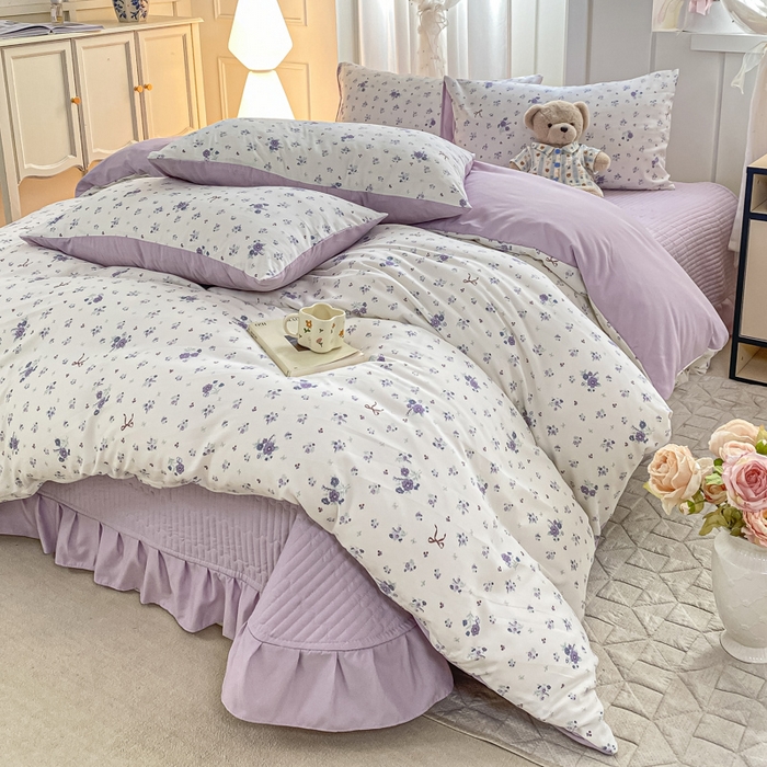 91家纺网 家纺一手货源 找家纺 仟网汇 2026新款针织棉双层纱床盖四件套夏被四件套 紫色香氛