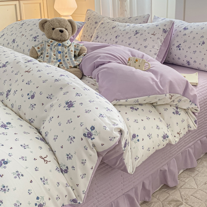 91家纺网 家纺一手货源 找家纺 仟网汇 2026新款针织棉双层纱床盖四件套夏被四件套 紫色香氛