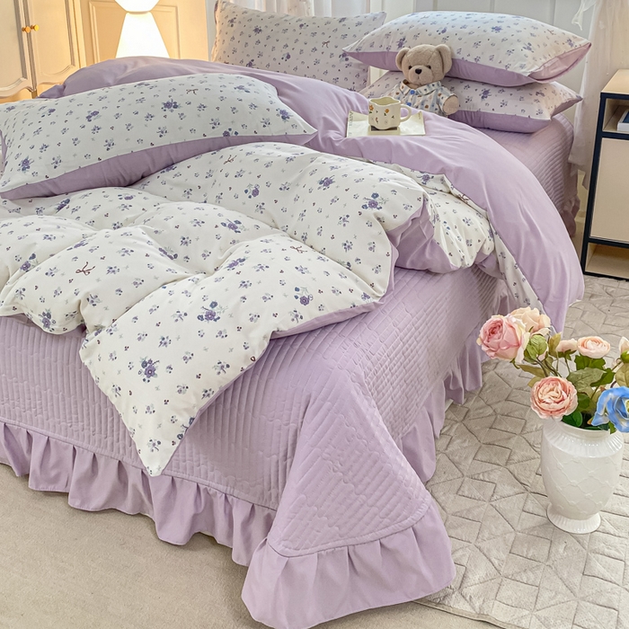 91家纺网 家纺一手货源 找家纺 仟网汇 2026新款针织棉双层纱床盖四件套夏被四件套 紫色香氛