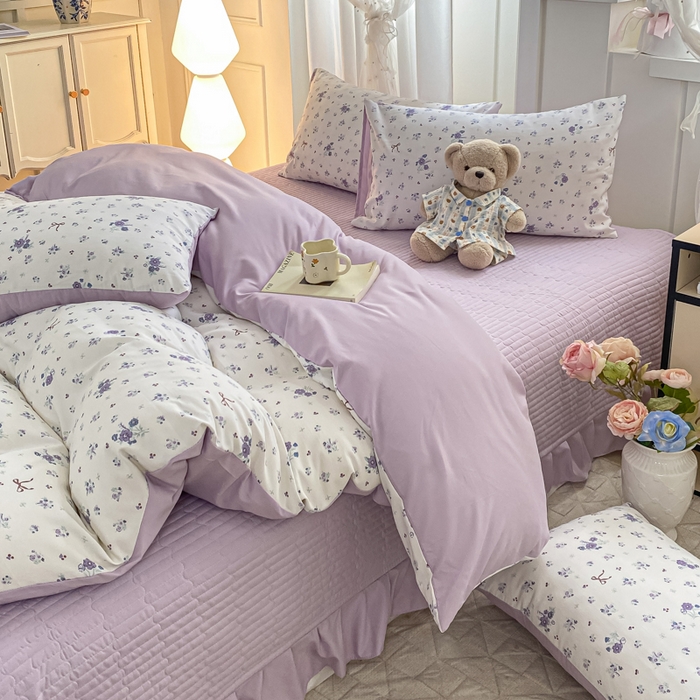 91家纺网 家纺一手货源 找家纺 仟网汇 2026新款针织棉双层纱床盖四件套夏被四件套 紫色香氛