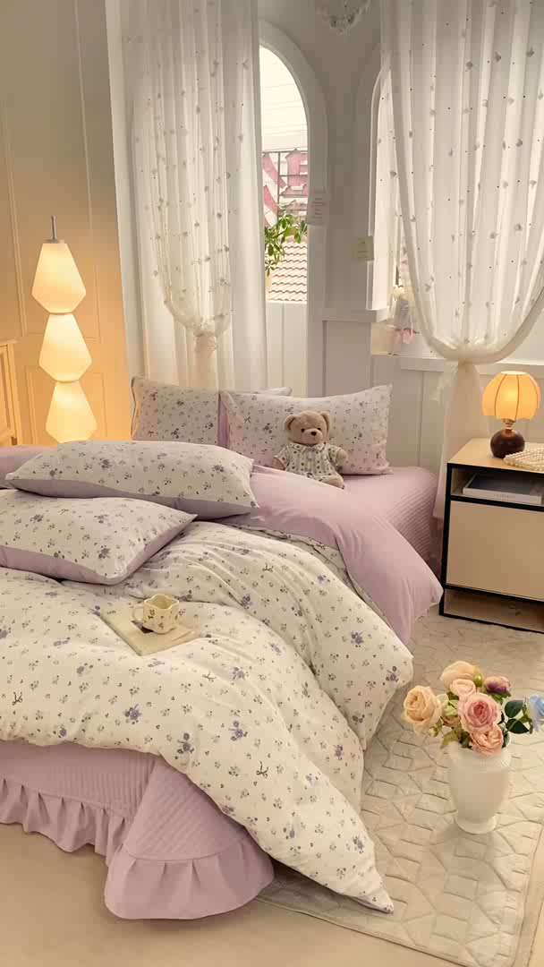 91家纺网 家纺一手货源 找家纺 仟网汇 2026新款针织棉双层纱床盖四件套夏被四件套 紫色香氛