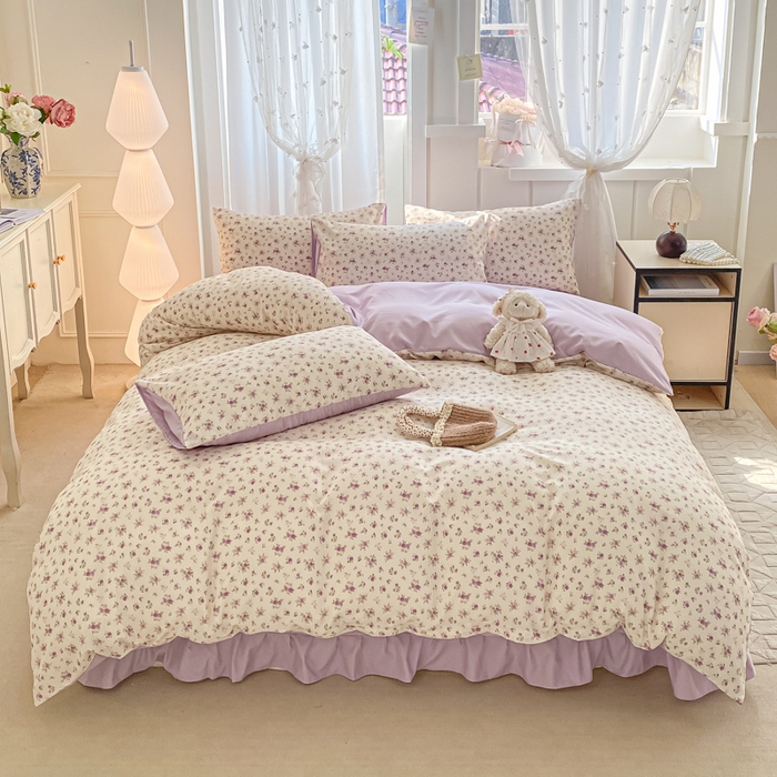 91家纺网 家纺一手货源 找家纺 仟网汇 2026新款针织棉双层纱床盖四件套夏被四件套 紫色依恋