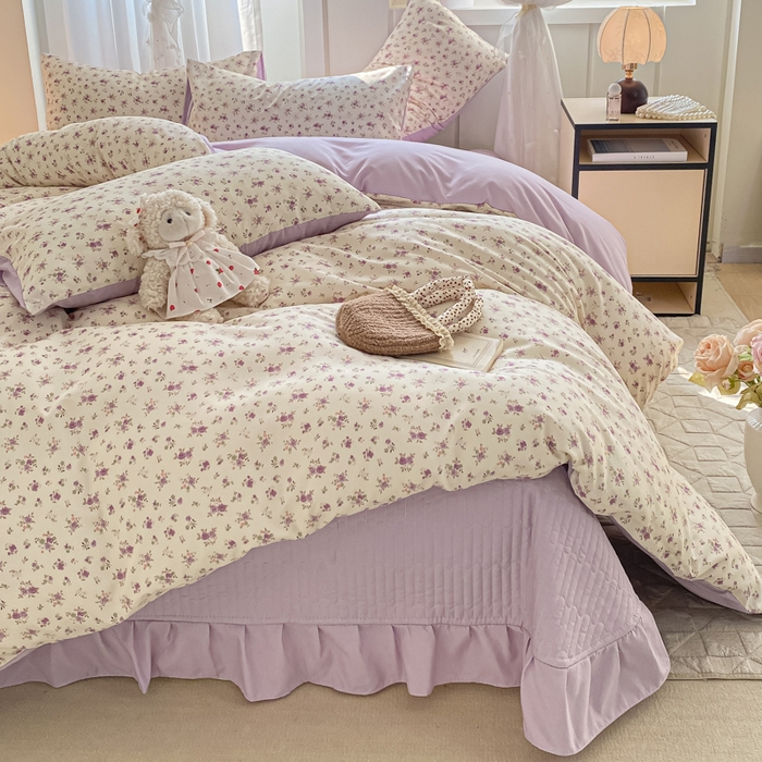 91家纺网 家纺一手货源 找家纺 仟网汇 2026新款针织棉双层纱床盖四件套夏被四件套 紫色依恋