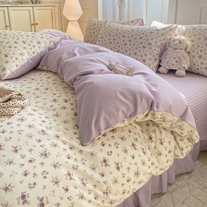 91家纺网 家纺一手货源 找家纺 仟网汇 2026新款针织棉双层纱床盖四件套夏被四件套 紫色依恋