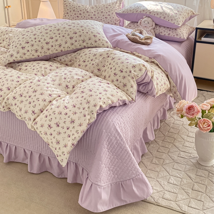 91家纺网 家纺一手货源 找家纺 仟网汇 2026新款针织棉双层纱床盖四件套夏被四件套 紫色依恋