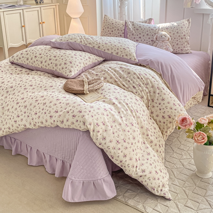 91家纺网 家纺一手货源 找家纺 仟网汇 2026新款针织棉双层纱床盖四件套夏被四件套 紫色依恋