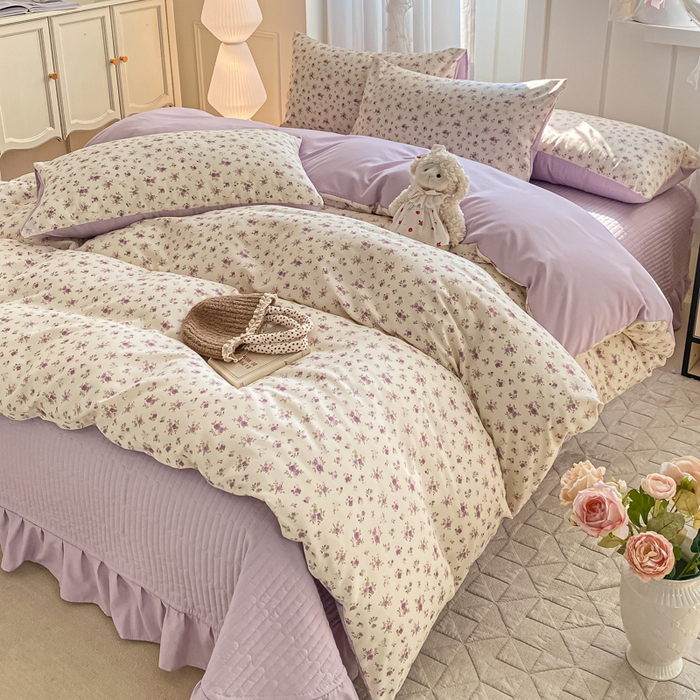 91家纺网 家纺一手货源 找家纺 仟网汇 2026新款针织棉双层纱床盖四件套夏被四件套 紫色依恋