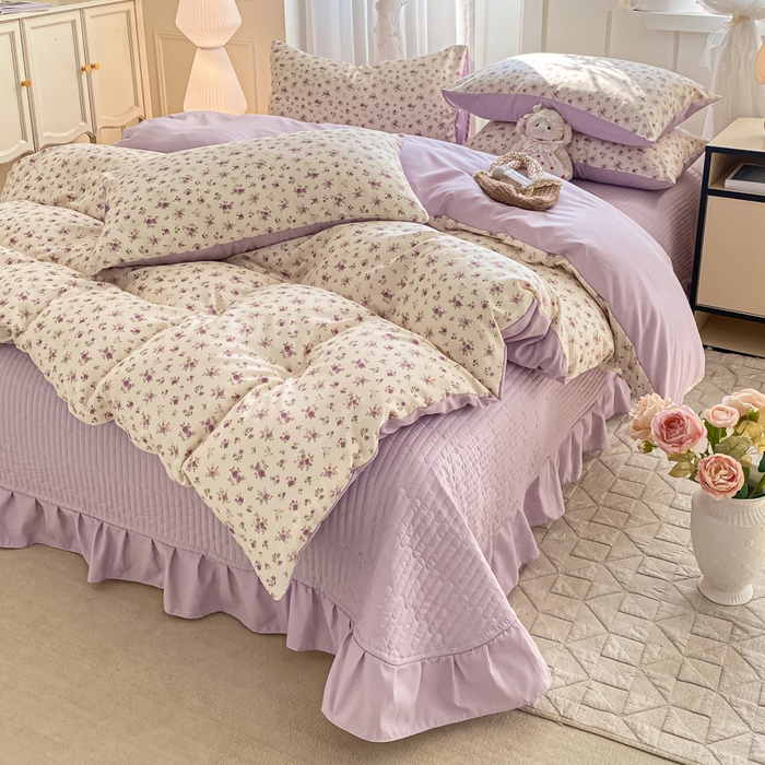 91家纺网 家纺一手货源 找家纺 仟网汇 2026新款针织棉双层纱床盖四件套夏被四件套 紫色依恋