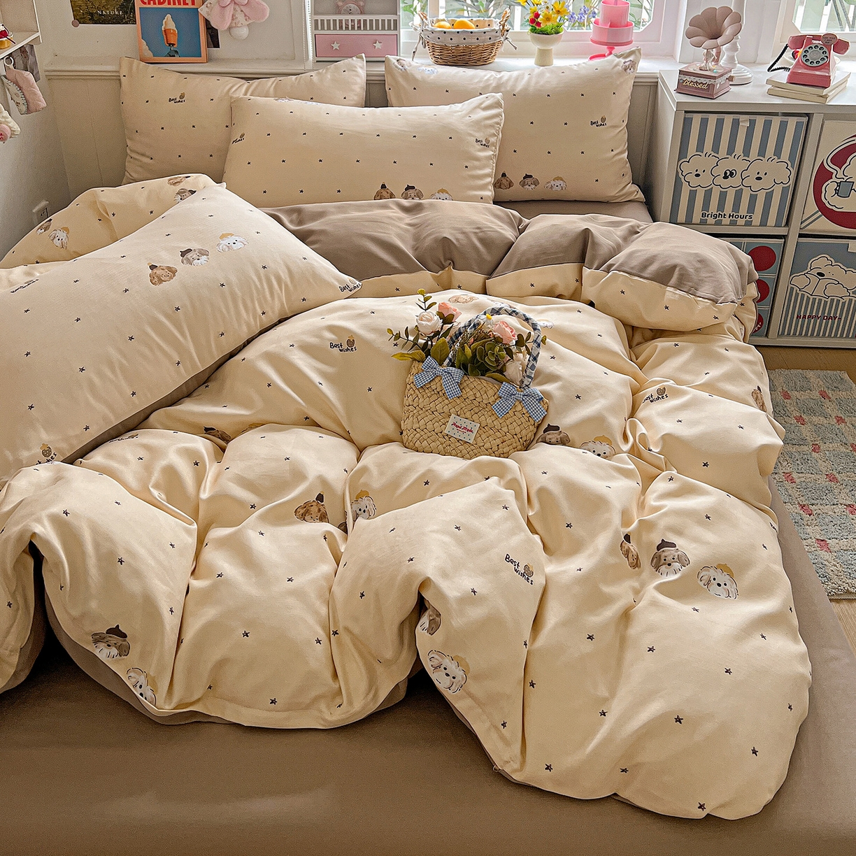 91家纺网 家纺一手货源 找家纺 金梦拉家纺 2026春夏新款高克重提花色织印花小布袋四件套 宠物狗