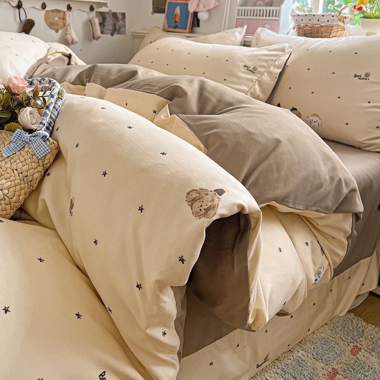 91家纺网 家纺一手货源 找家纺 金梦拉家纺 2026春夏新款高克重提花色织印花小布袋四件套 宠物狗