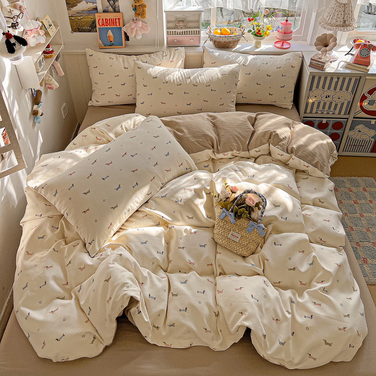 91家纺网 家纺一手货源 找家纺 金梦拉家纺 2026春夏新款高克重提花色织印花小布袋四件套 椰椰奶狗