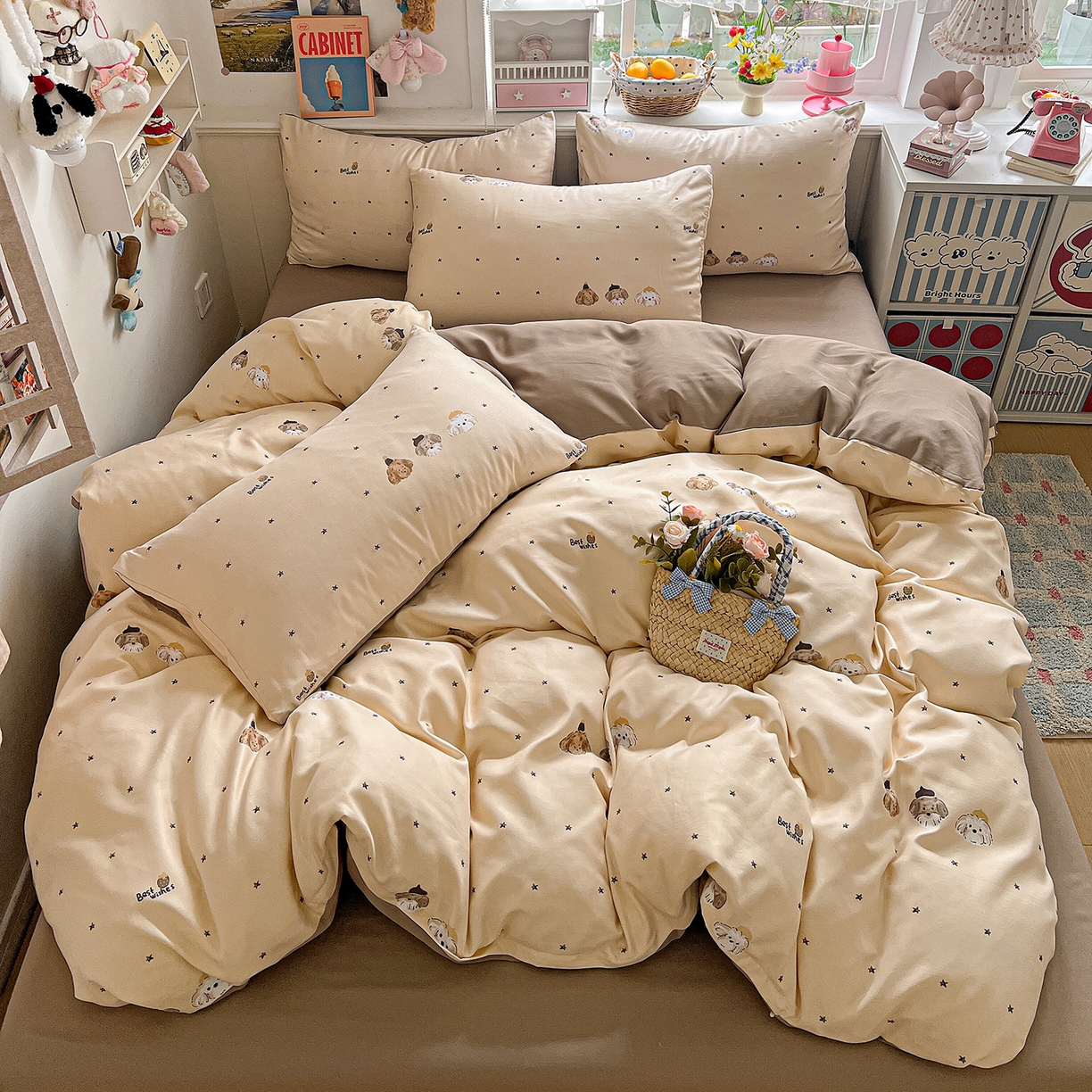 91家纺网 家纺一手货源 找家纺 金梦拉家纺 2026春夏新款高克重提花色织印花小布袋四件套 宠物狗