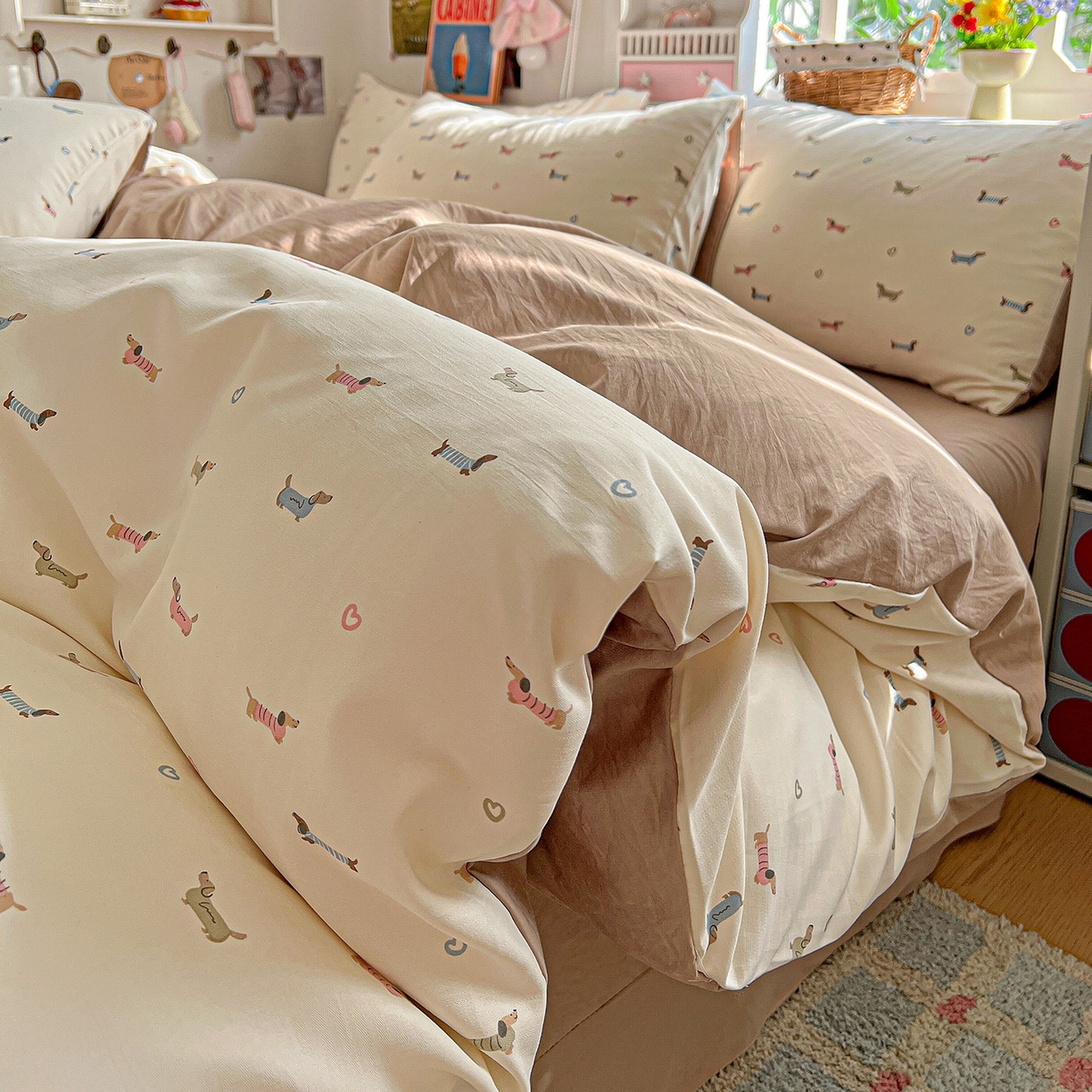 91家纺网 家纺一手货源 找家纺 金梦拉家纺 2026春夏新款高克重提花色织印花小布袋四件套 椰椰奶狗