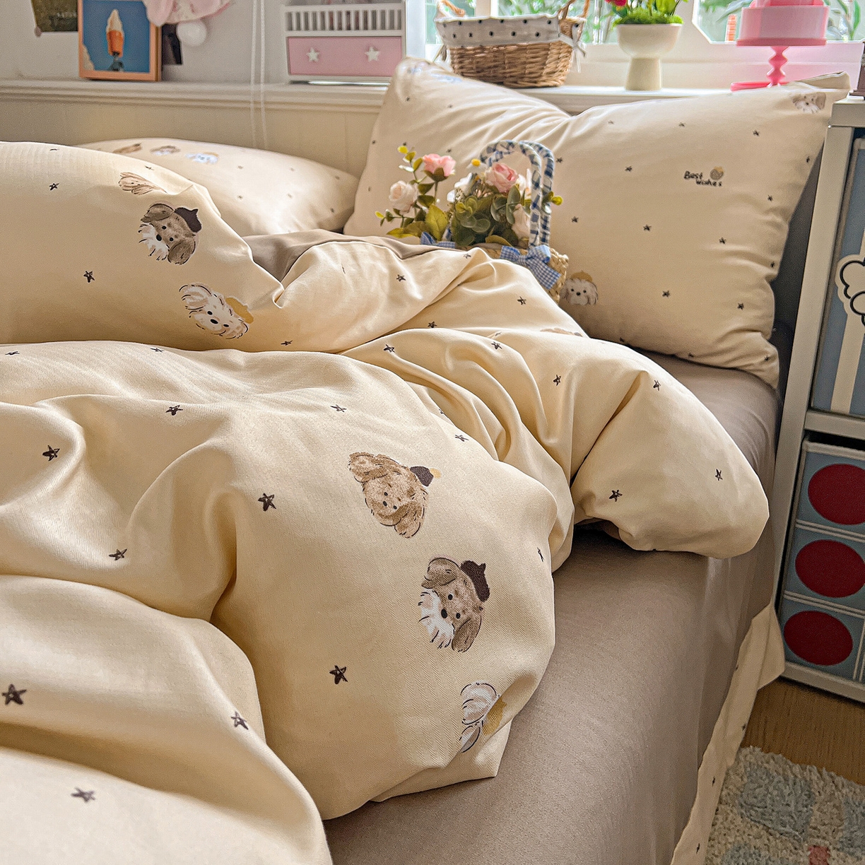 91家纺网 家纺一手货源 找家纺 金梦拉家纺 2026春夏新款高克重提花色织印花小布袋四件套 宠物狗