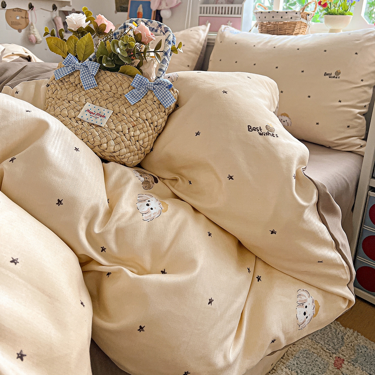 91家纺网 家纺一手货源 找家纺 金梦拉家纺 2026春夏新款高克重提花色织印花小布袋四件套 宠物狗