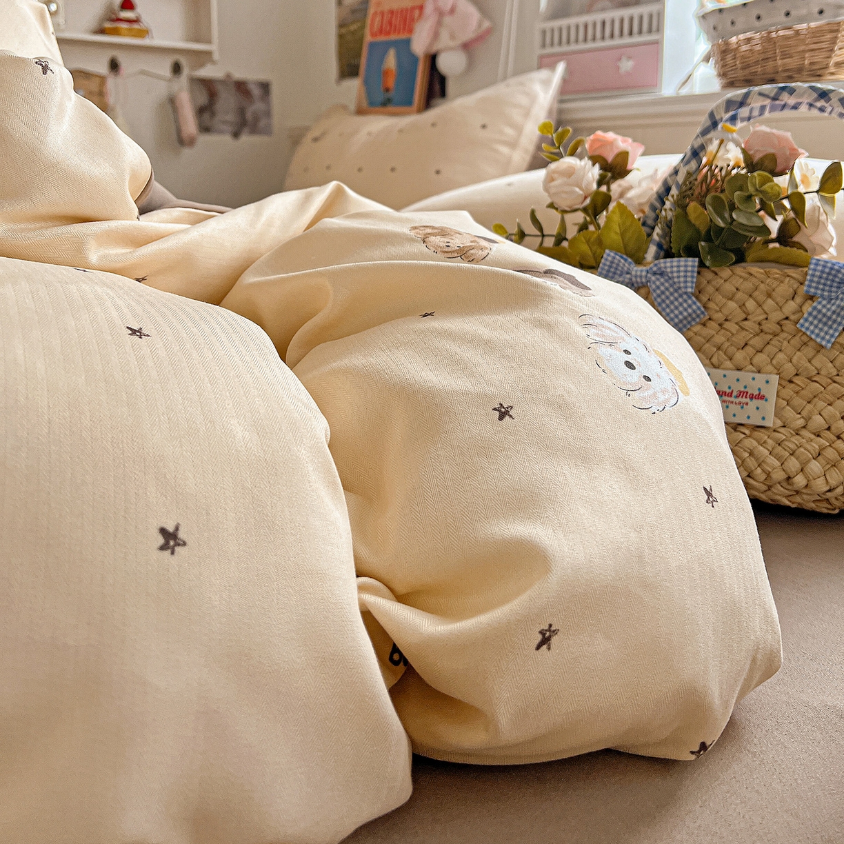 91家纺网 家纺一手货源 找家纺 金梦拉家纺 2026春夏新款高克重提花色织印花小布袋四件套 宠物狗