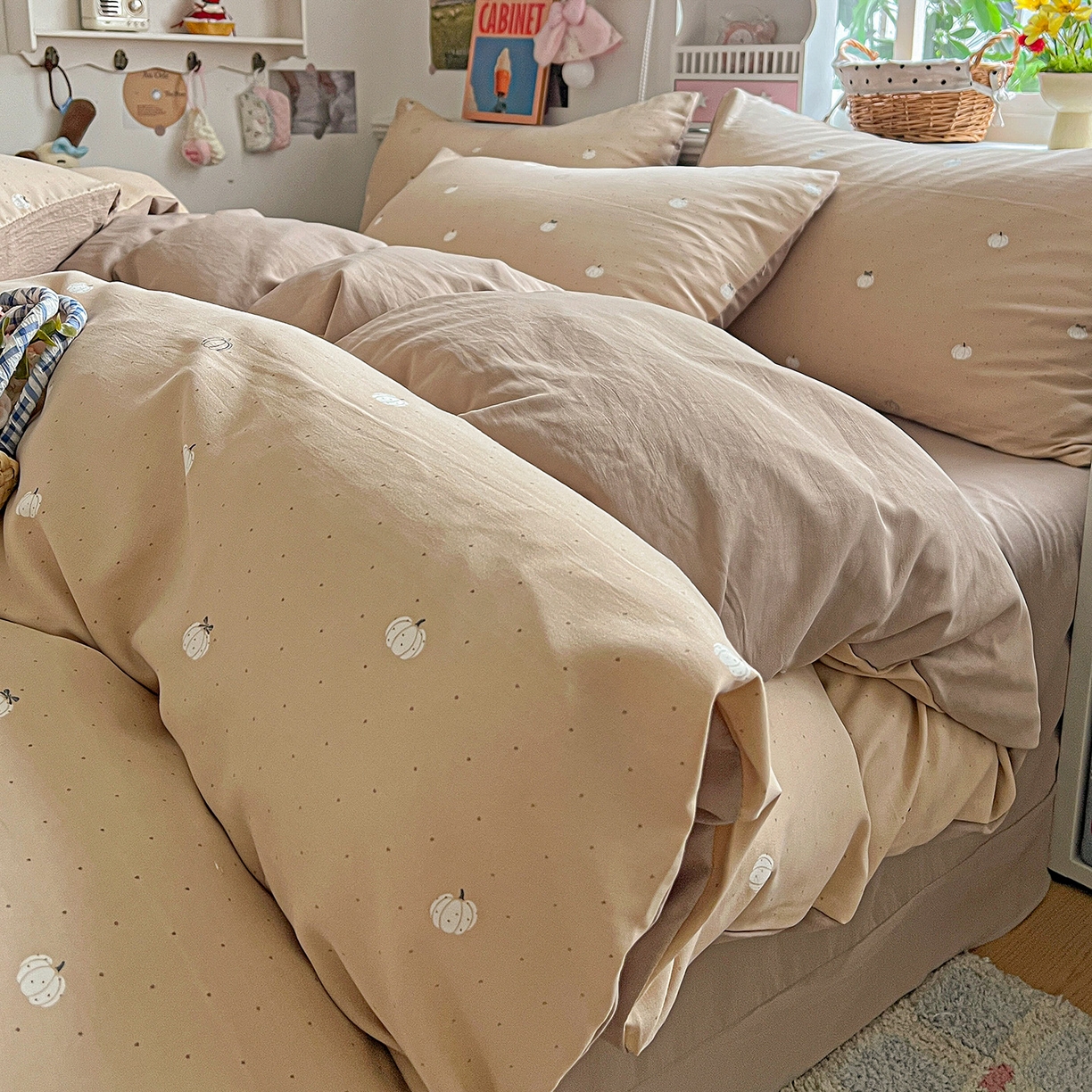 91家纺网 家纺一手货源 找家纺 金梦拉家纺 2026春夏新款高克重提花色织印花小布袋四件套 小南瓜