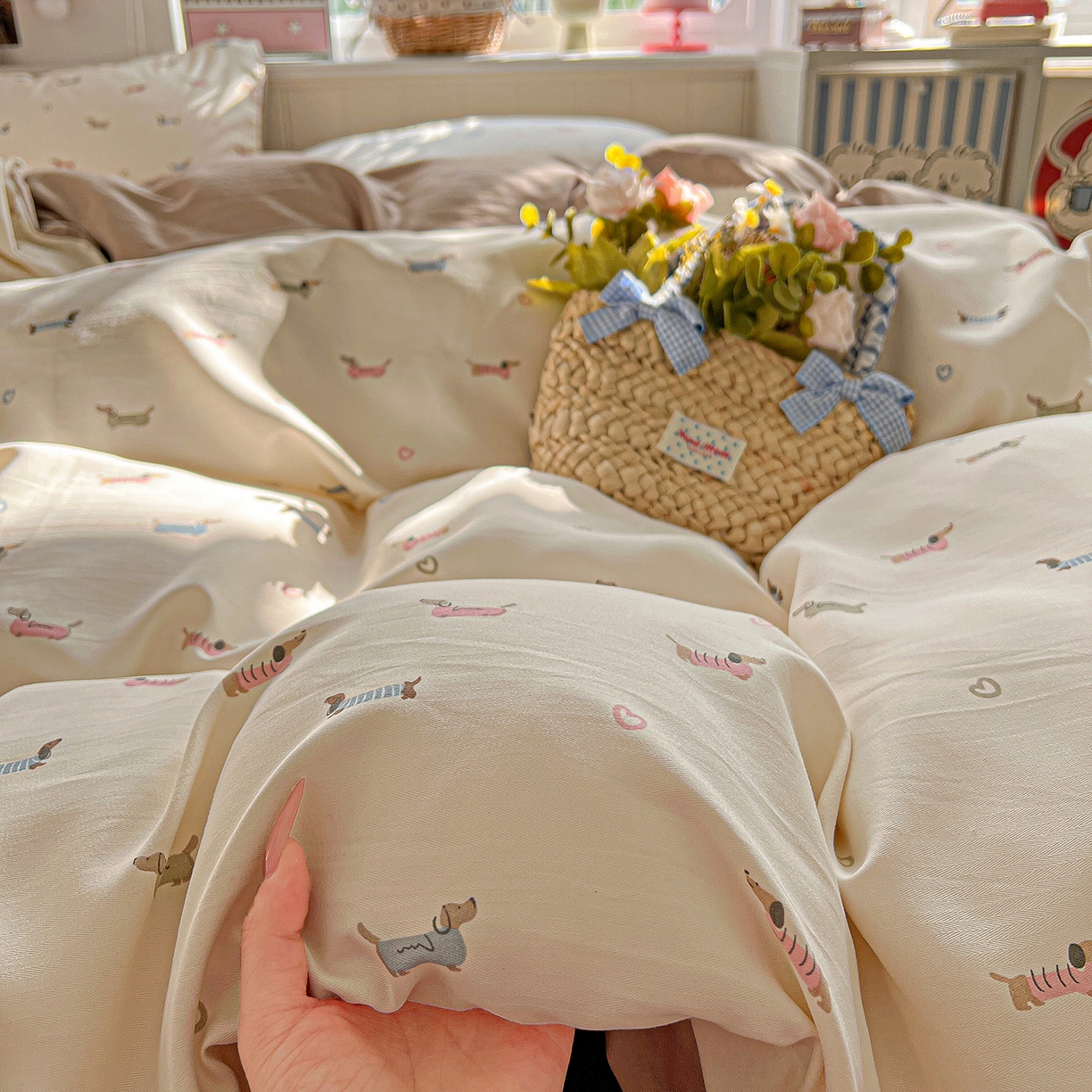 91家纺网 家纺一手货源 找家纺 金梦拉家纺 2026春夏新款高克重提花色织印花小布袋四件套 椰椰奶狗