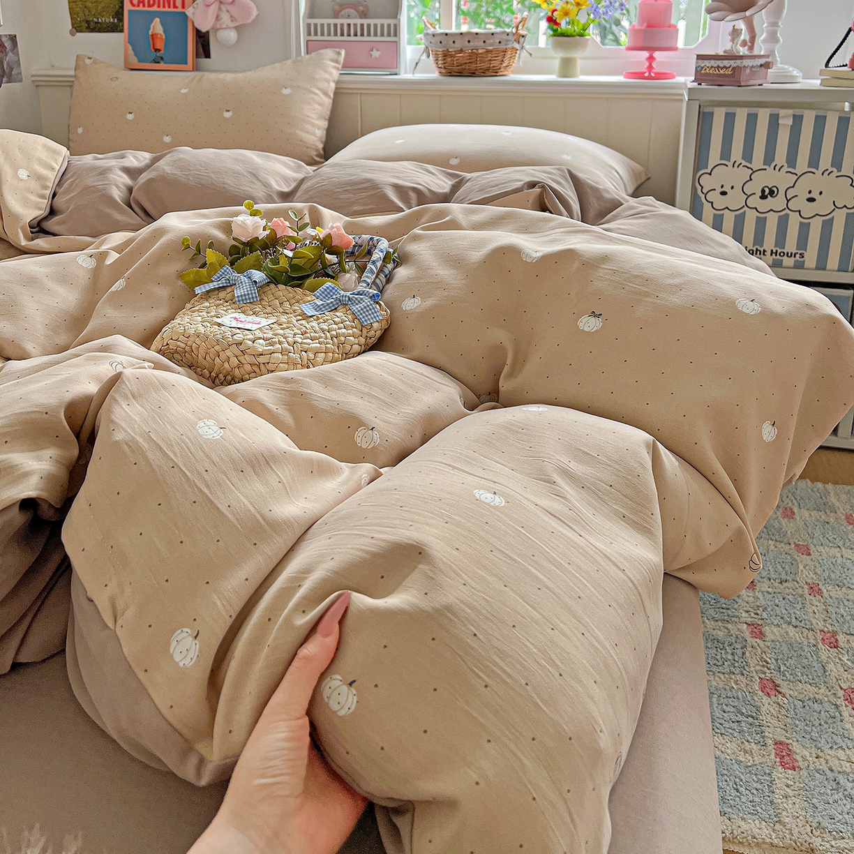 91家纺网 家纺一手货源 找家纺 金梦拉家纺 2026春夏新款高克重提花色织印花小布袋四件套 小南瓜