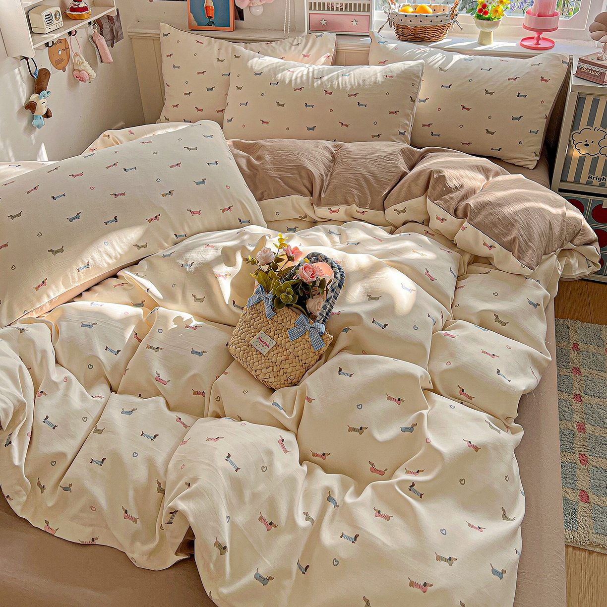 91家纺网 家纺一手货源 找家纺 金梦拉家纺 2026春夏新款高克重提花色织印花小布袋四件套 椰椰奶狗