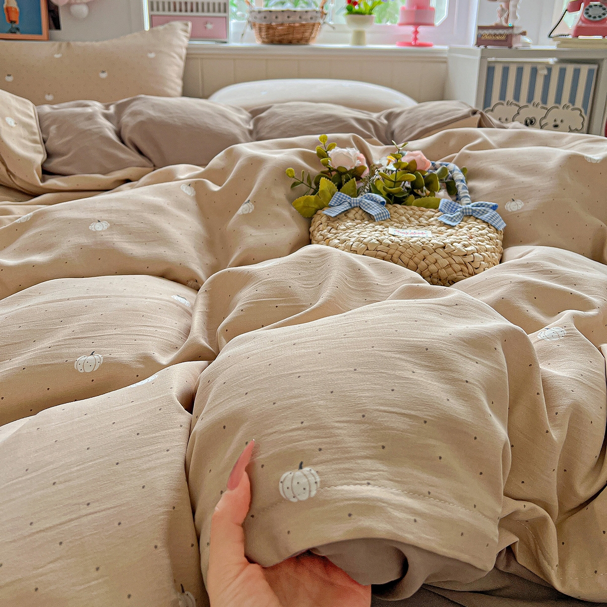 91家纺网 家纺一手货源 找家纺 金梦拉家纺 2026春夏新款高克重提花色织印花小布袋四件套 小南瓜