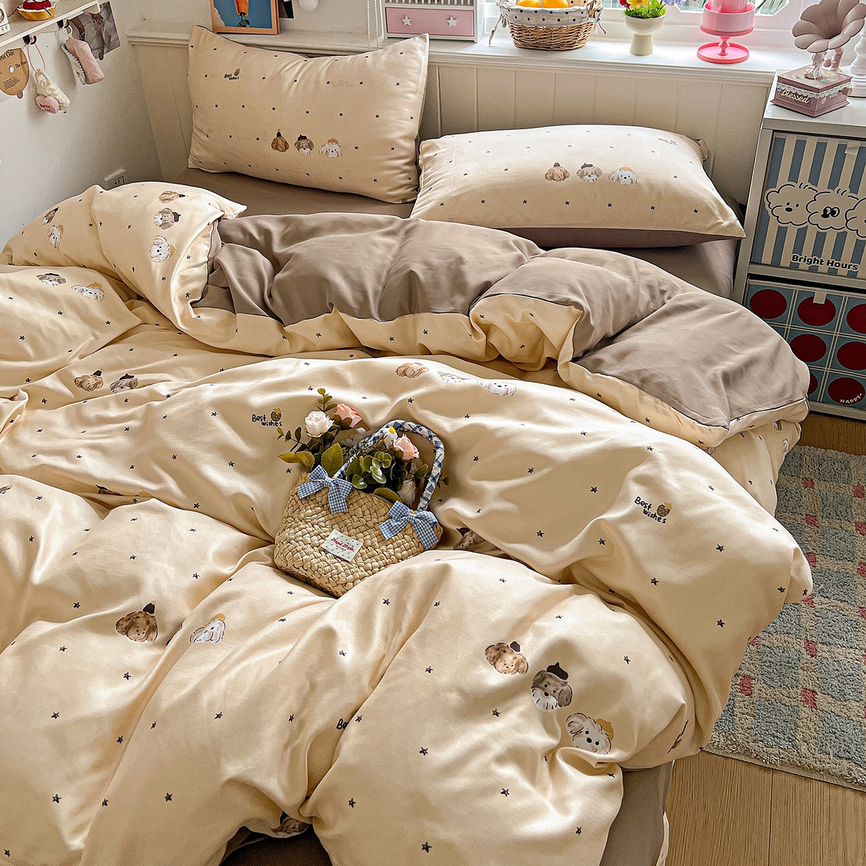 91家纺网 家纺一手货源 找家纺 金梦拉家纺 2026春夏新款高克重提花色织印花小布袋四件套 宠物狗