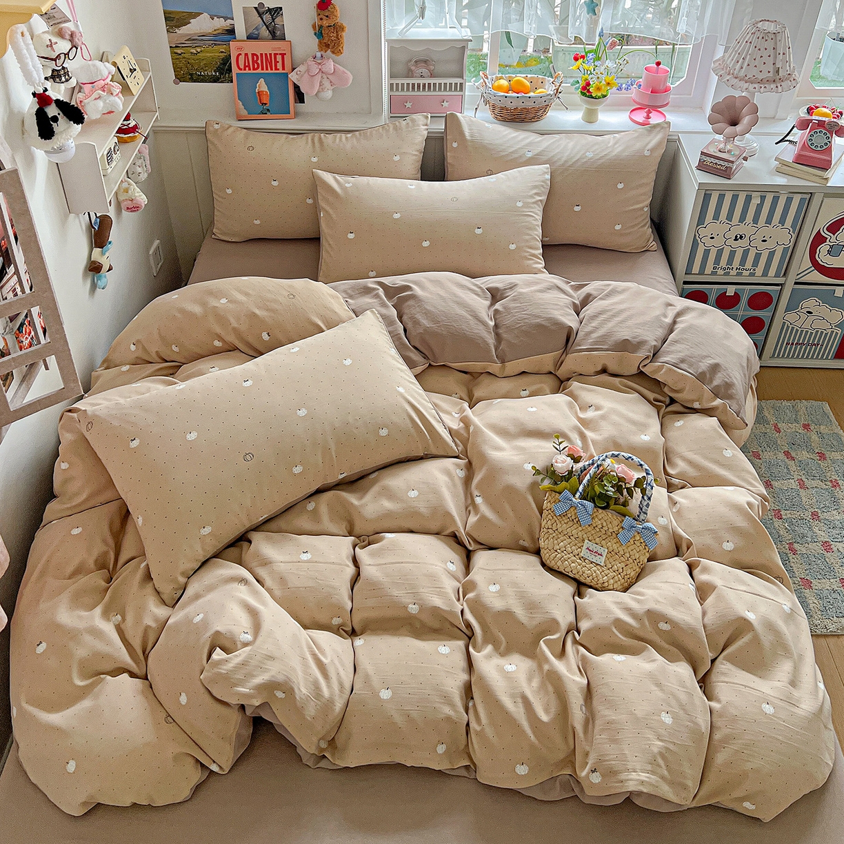 91家纺网 家纺一手货源 找家纺 金梦拉家纺 2026春夏新款高克重提花色织印花小布袋四件套 小南瓜