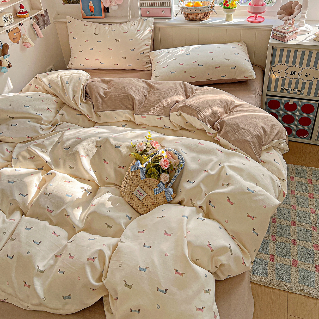 91家纺网 家纺一手货源 找家纺 金梦拉家纺 2026春夏新款高克重提花色织印花小布袋四件套 椰椰奶狗