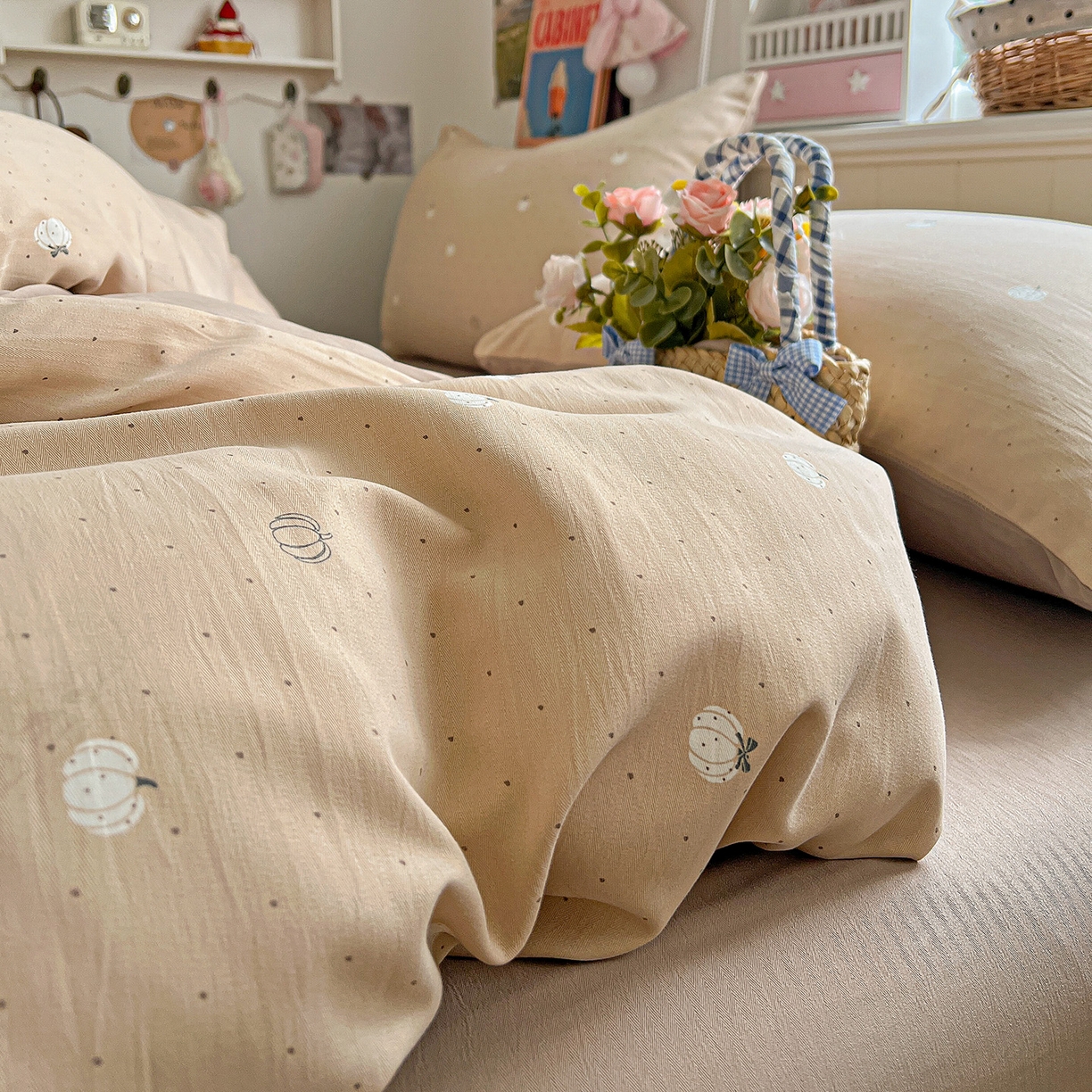 91家纺网 家纺一手货源 找家纺 金梦拉家纺 2026春夏新款高克重提花色织印花小布袋四件套 小南瓜