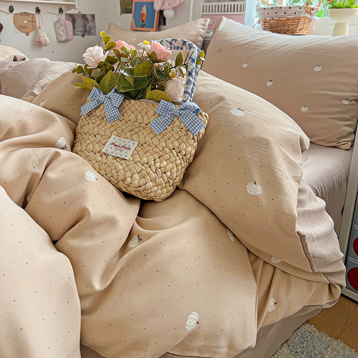 91家纺网 家纺一手货源 找家纺 金梦拉家纺 2026春夏新款高克重提花色织印花小布袋四件套 小南瓜