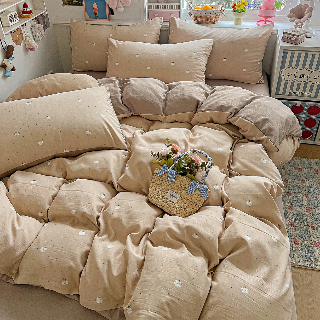 91家纺网 家纺一手货源 找家纺 金梦拉家纺 2026春夏新款高克重提花色织印花小布袋四件套 小南瓜