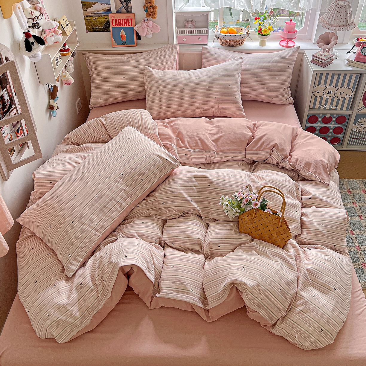 91家纺网 家纺一手货源 找家纺 金梦拉家纺 2026春夏新款高克重提花色织印花小布袋四件套 玫瑰樱桃