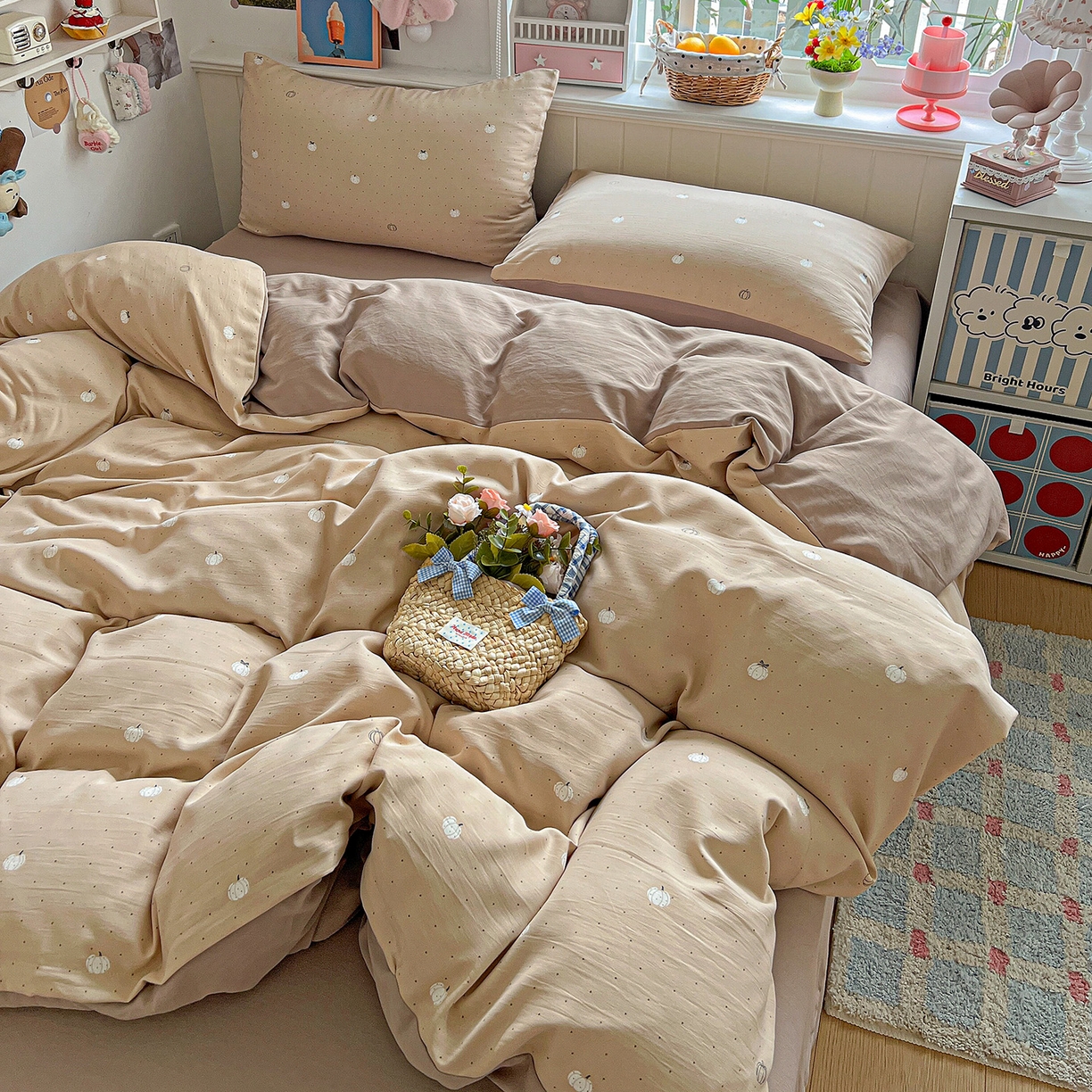 91家纺网 家纺一手货源 找家纺 金梦拉家纺 2026春夏新款高克重提花色织印花小布袋四件套 小南瓜