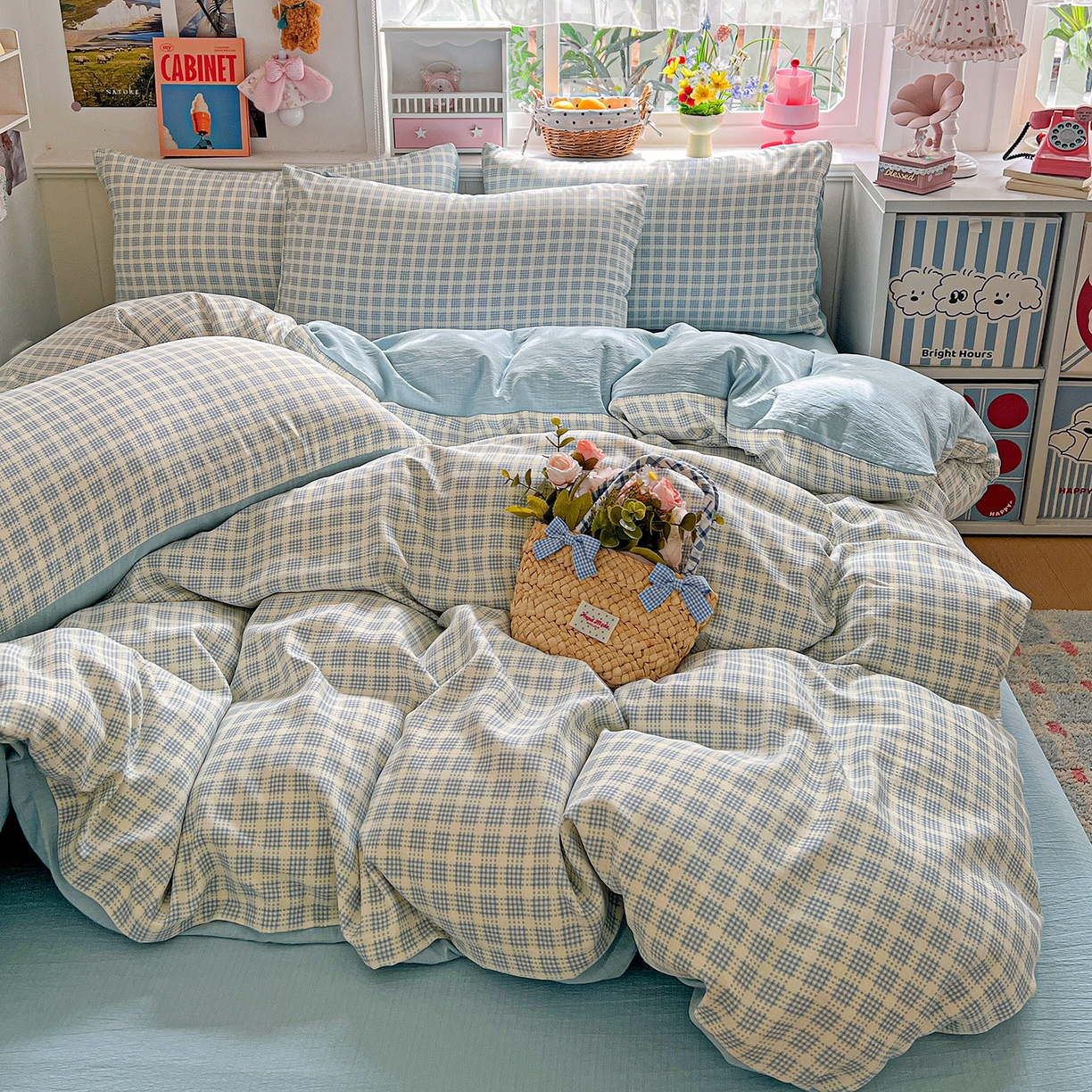 91家纺网 家纺一手货源 找家纺 金梦拉家纺 2026春夏新款高克重提花色织印花小布袋四件套 海盐蓝格