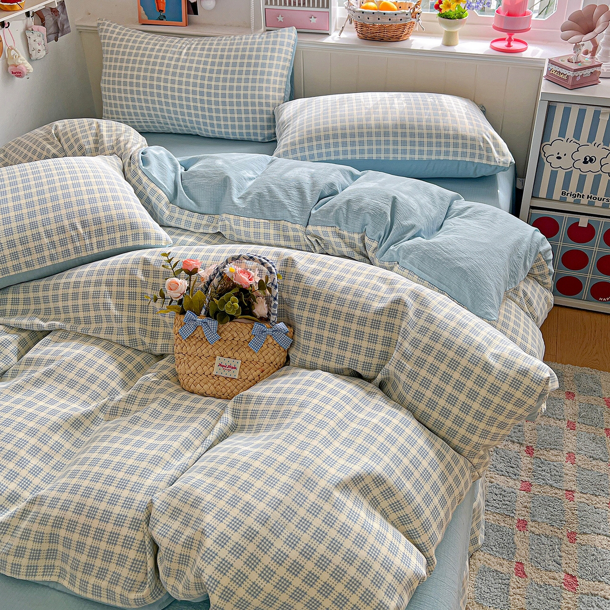 91家纺网 家纺一手货源 找家纺 金梦拉家纺 2026春夏新款高克重提花色织印花小布袋四件套 海盐蓝格