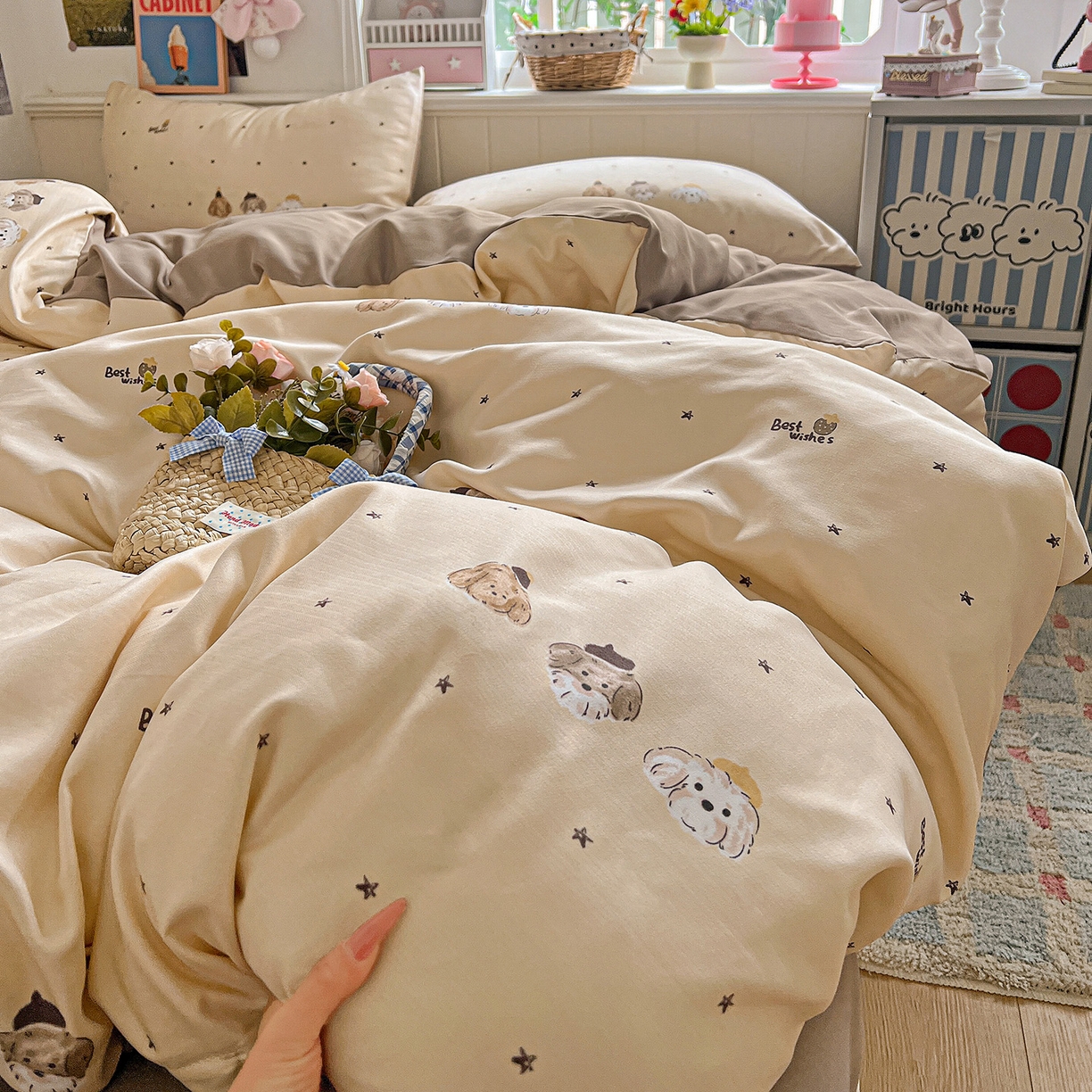 91家纺网 家纺一手货源 找家纺 金梦拉家纺 2026春夏新款高克重提花色织印花小布袋四件套 宠物狗