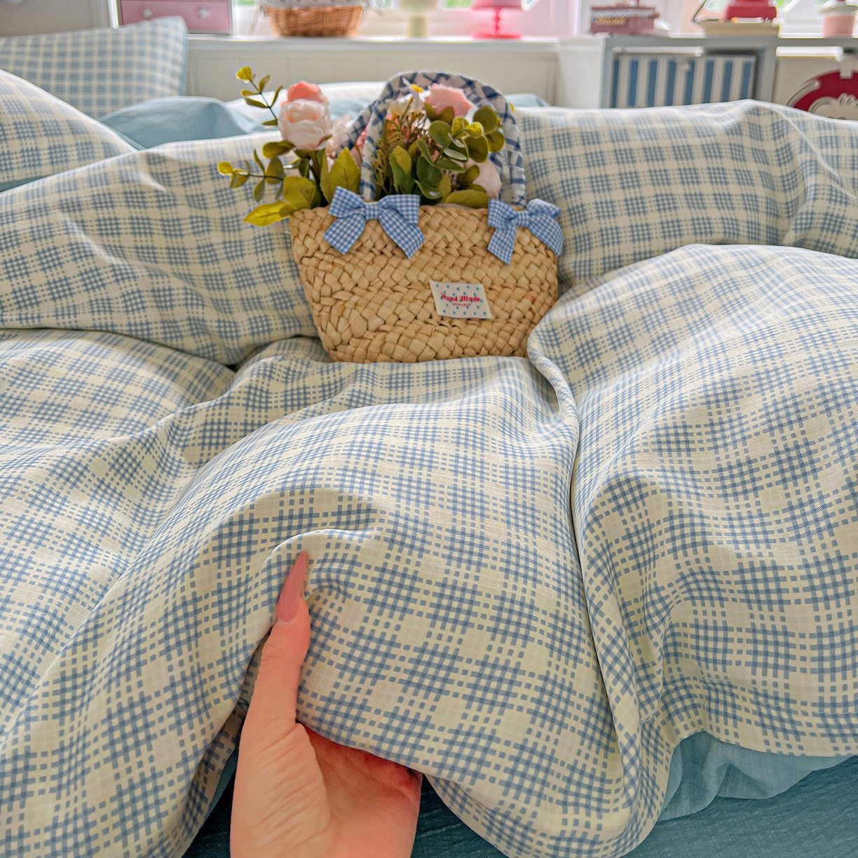 91家纺网 家纺一手货源 找家纺 金梦拉家纺 2026春夏新款高克重提花色织印花小布袋四件套 海盐蓝格