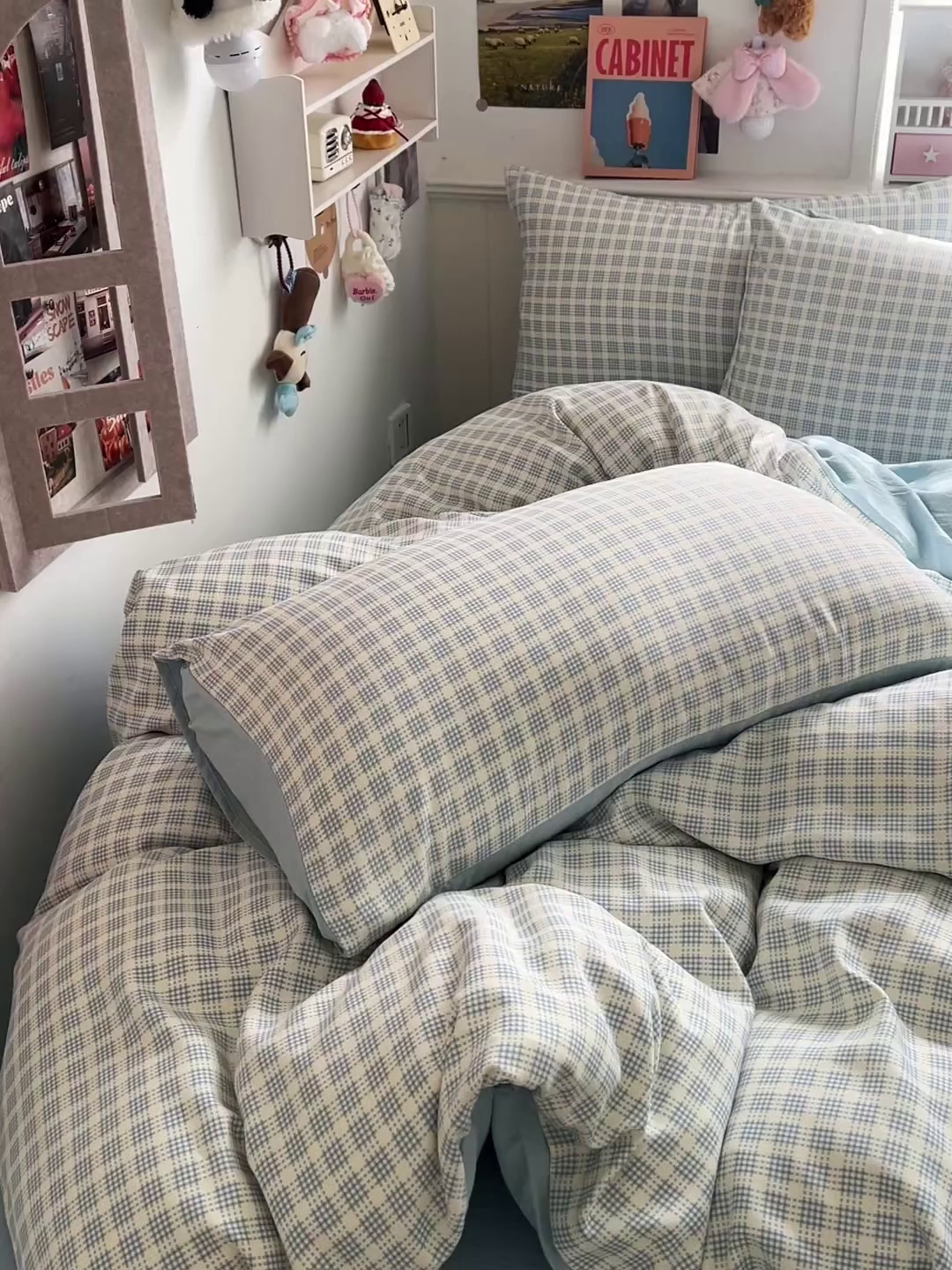 91家纺网 家纺一手货源 找家纺 金梦拉家纺 2026春夏新款高克重提花色织印花小布袋四件套 海盐蓝格