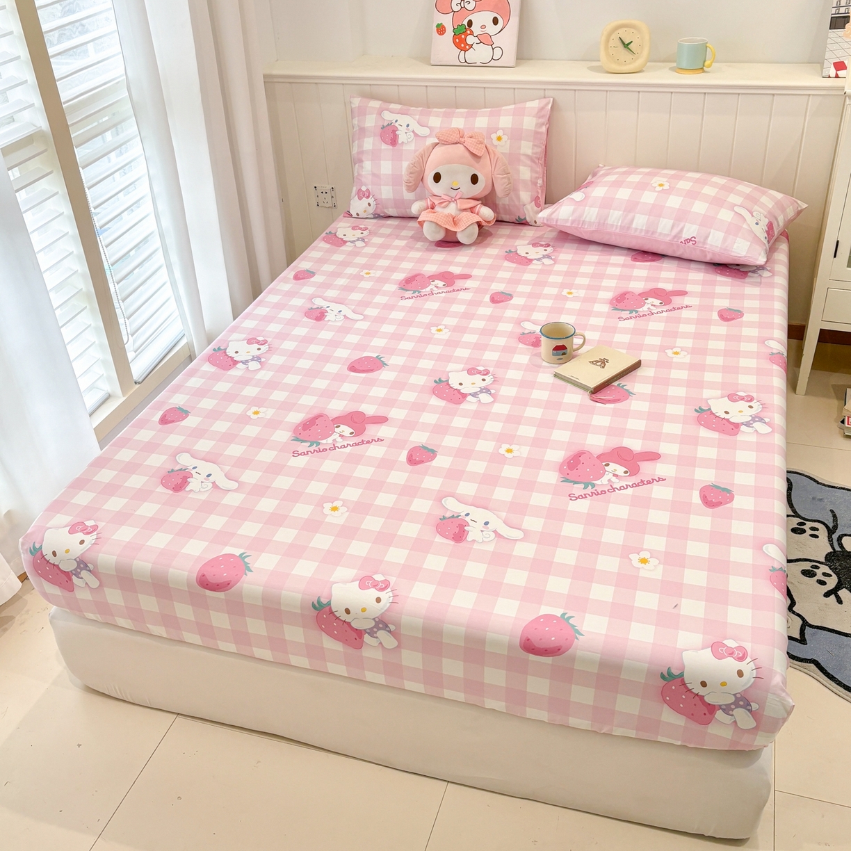 91家纺网 家纺一手货源 找家纺 孩子王家纺 2026新款卡通全棉纯棉正版授权小版三丽鸥系列单床笠床笠单件单品床笠（含防伪码） 奶芙美乐蒂