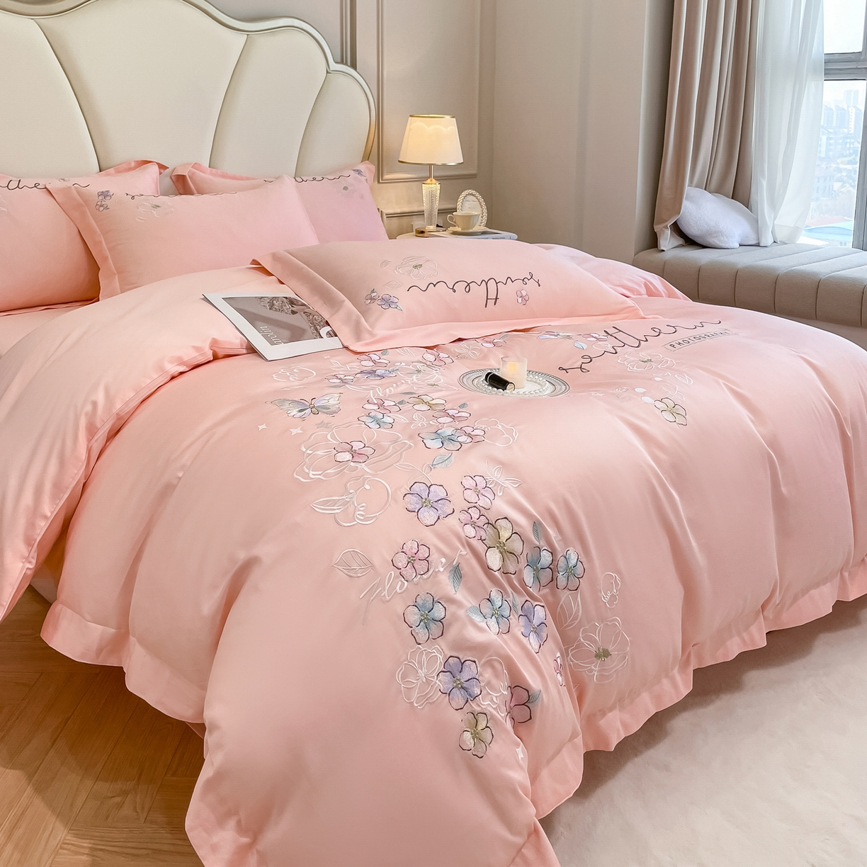 91家纺网 家纺一手货源 找家纺 博纳家纺 2026春夏新款13372全棉纯棉绣花四件套-奈雪 奈雪-粉玉