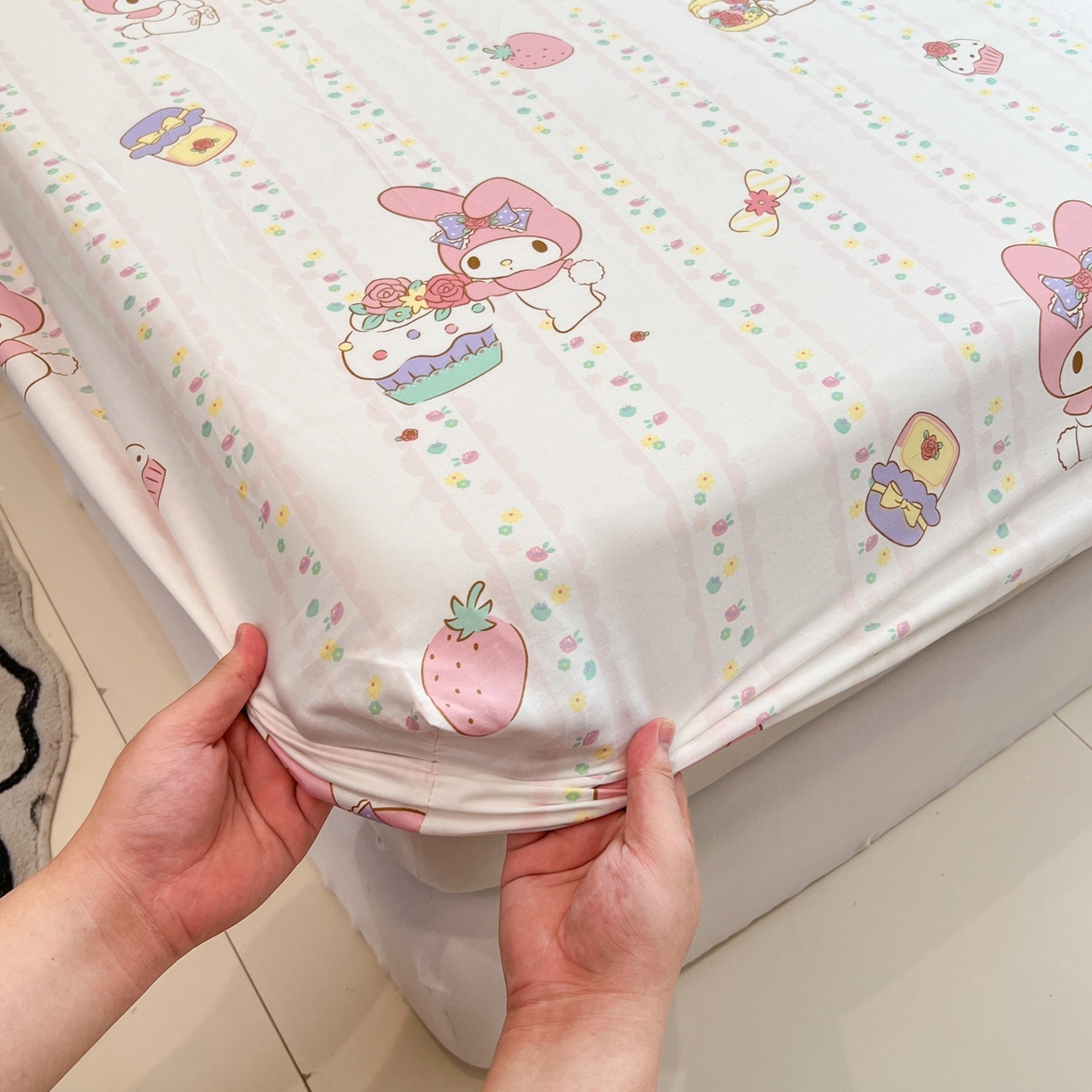 91家纺网 家纺一手货源 找家纺 孩子王家纺 2026新款卡通全棉纯棉正版授权小版三丽鸥系列单床笠床笠单件单品床笠（含防伪码） 俏皮美乐蒂