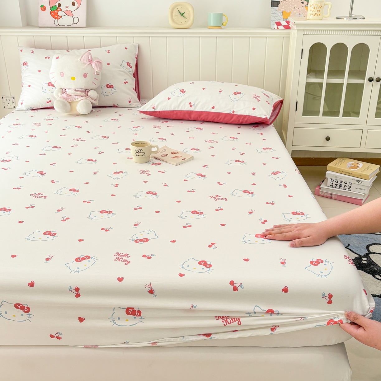 91家纺网 家纺一手货源 找家纺 孩子王家纺 2026新款卡通全棉纯棉正版授权小版三丽鸥系列单床笠床笠单件单品床笠（含防伪码） 你好凯蒂