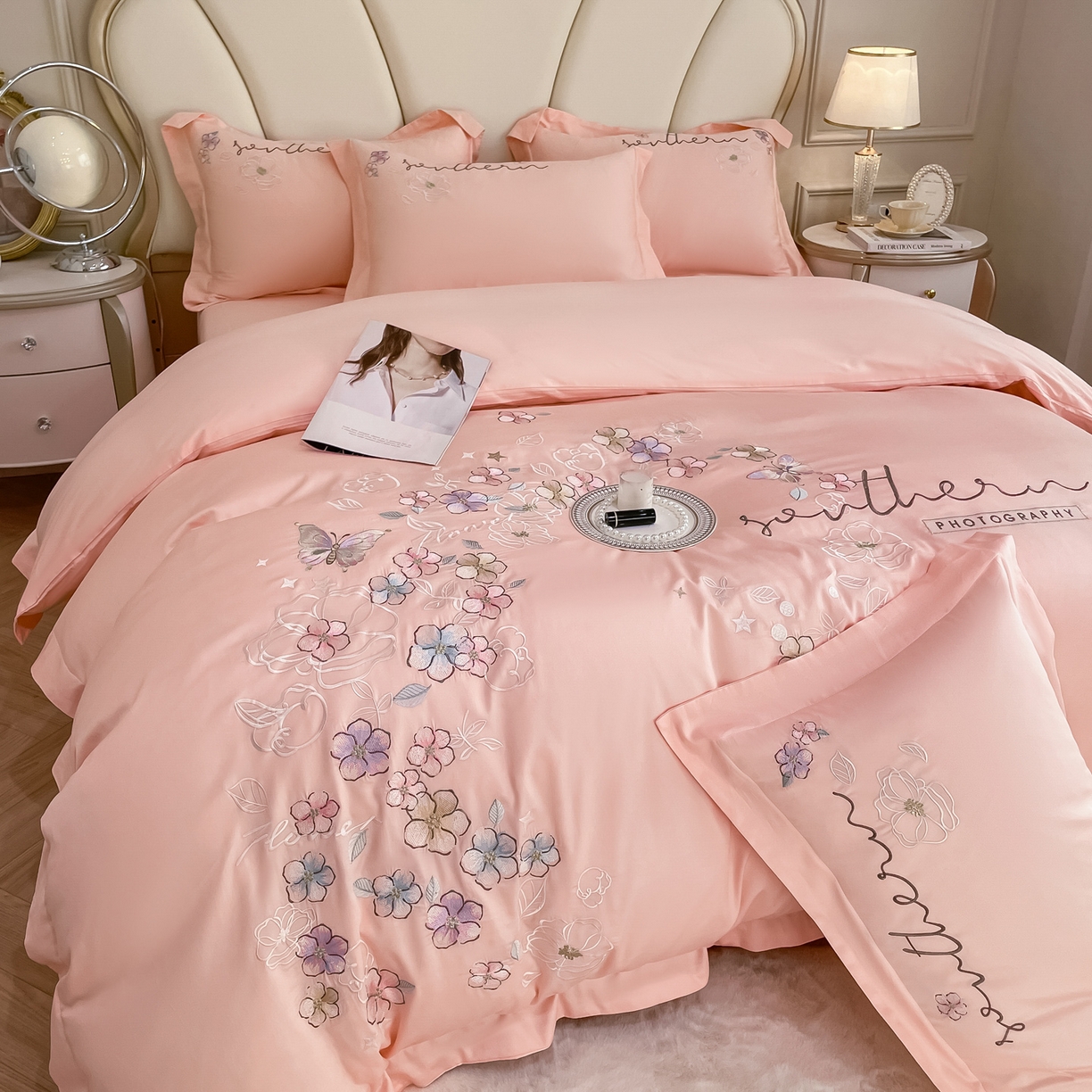 91家纺网 家纺一手货源 找家纺 博纳家纺 2026春夏新款13372全棉纯棉绣花四件套-奈雪 奈雪-粉玉