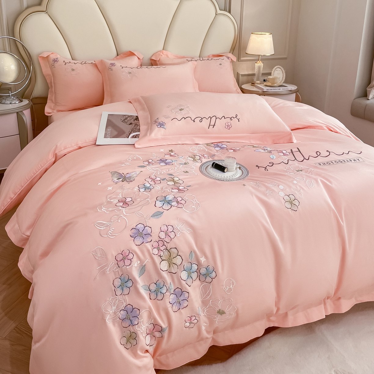 91家纺网 家纺一手货源 找家纺 博纳家纺 2026春夏新款13372全棉纯棉绣花四件套-奈雪 奈雪-粉玉