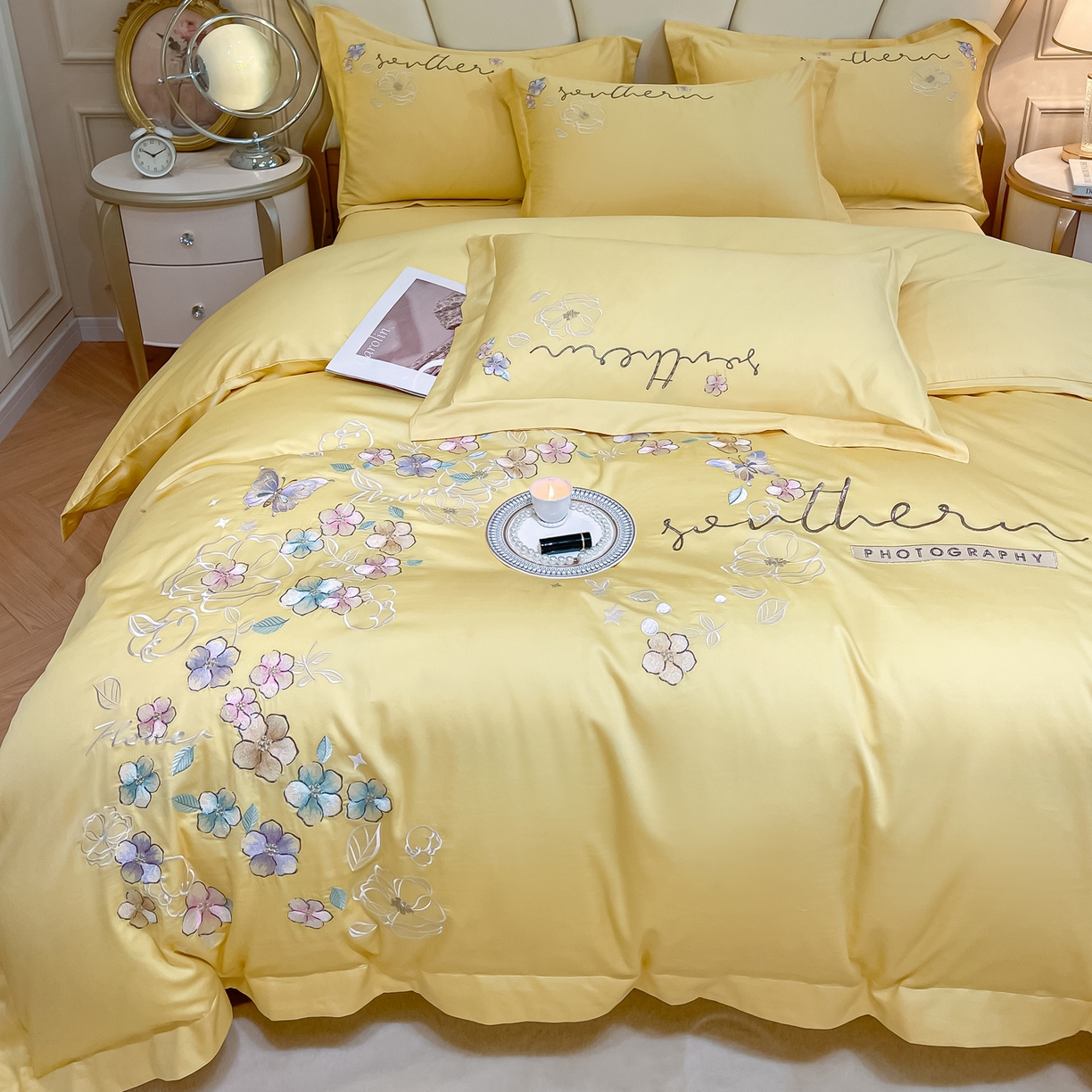 91家纺网 家纺一手货源 找家纺 博纳家纺 2026春夏新款13372全棉纯棉绣花四件套-奈雪 奈雪-柠檬黄