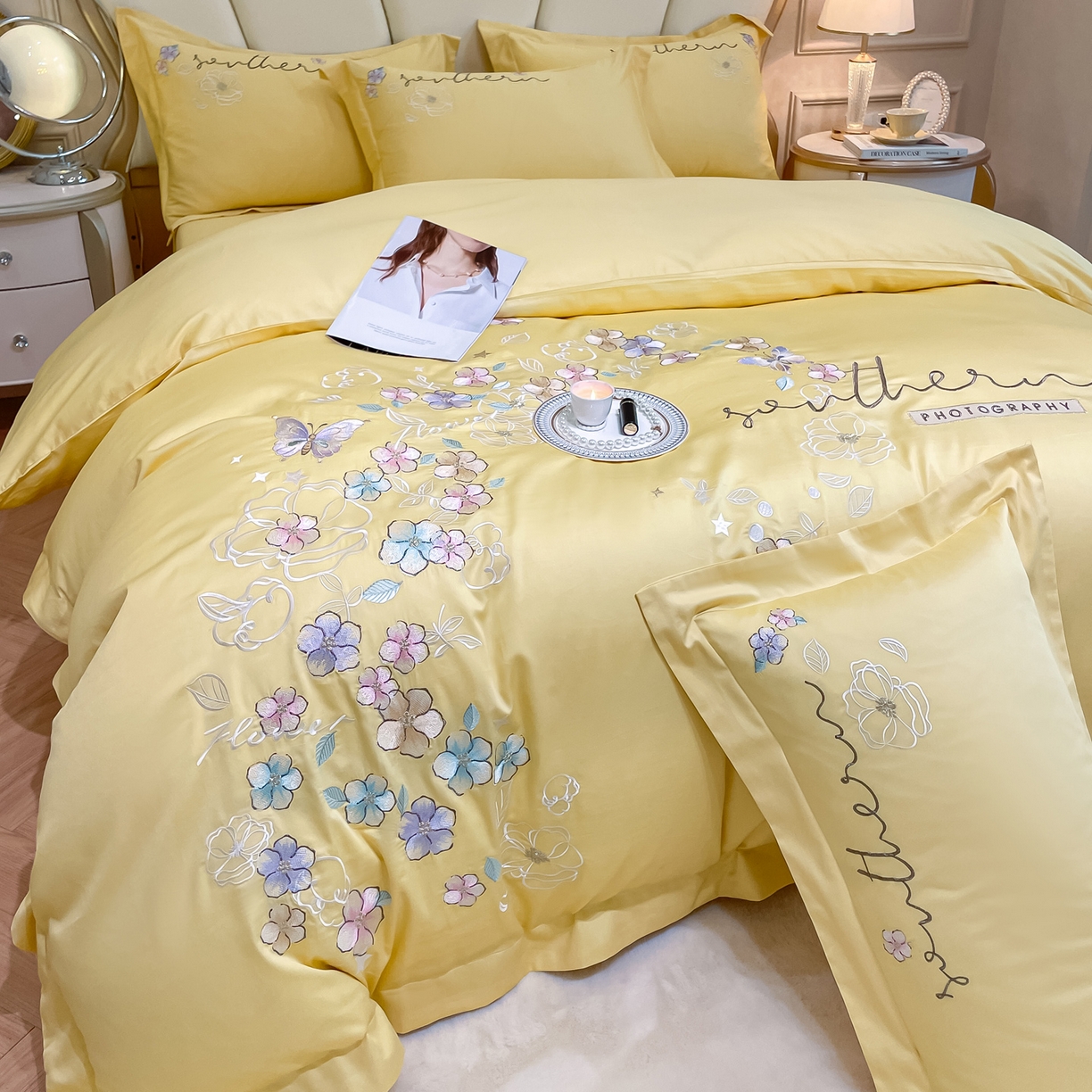 91家纺网 家纺一手货源 找家纺 博纳家纺 2026春夏新款13372全棉纯棉绣花四件套-奈雪 奈雪-柠檬黄